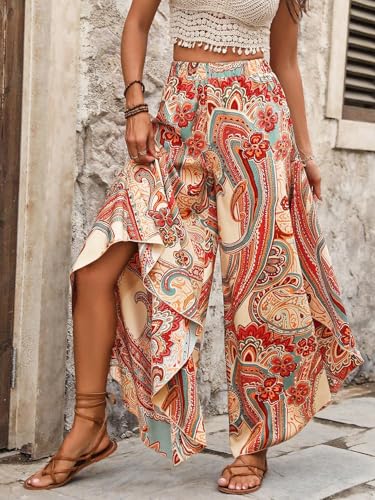 Image of GRECIILOOKS Boho Printed Wide Leg Palazzo Pants for Women, Flowing High Waist Rayon Trousers for Beach, Vacation, Lounge, and Summer Style