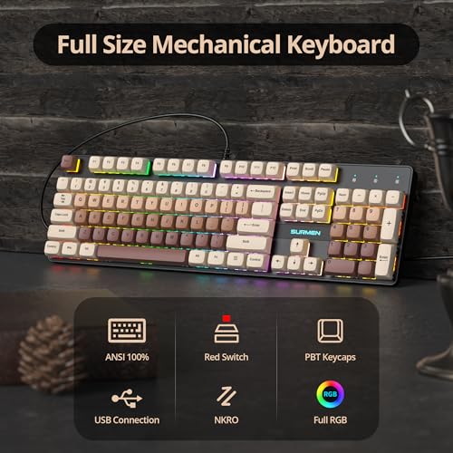 Image of Wired Full Size Brown Mechanical Keyboard 104 Keys Creamy Keyboard with Number Pad, RGB Gaming Keyboards, Linear Red Switch, NKRO for Windows Laptop PC Gamer(104 Brown)