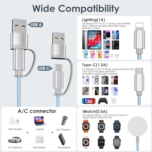 Image of 2Pack Travel Essentials,Multi Charging Cable for Apple Watch Charger Blue