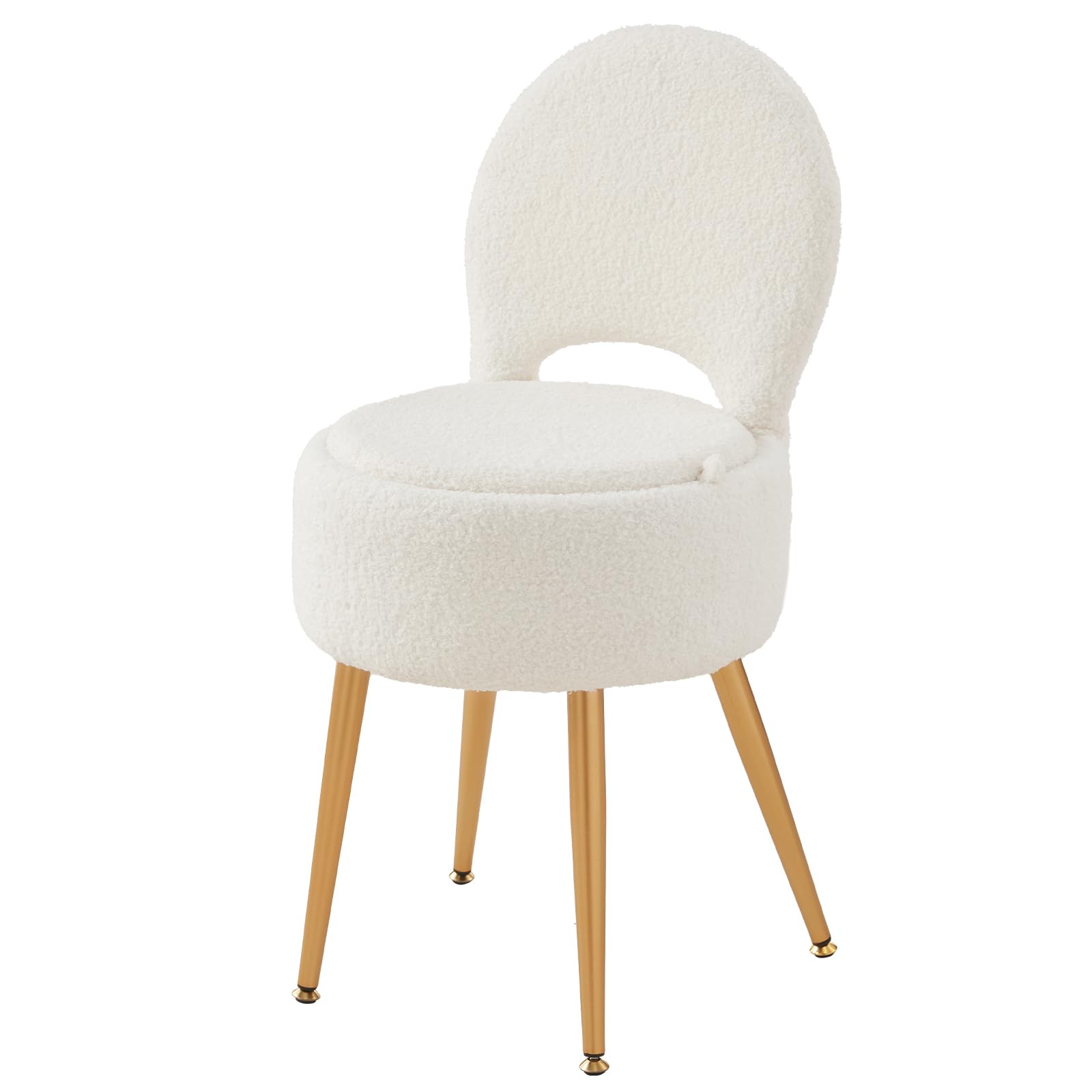 Small Vanity Stool Chair with Storage and Folding Back,4 Metal Legs with Anti-Slip Feet,Round Ottoman with Velvet Seat, Furry Padded Seat for Makeup, Bedroom (White, Small)-image-45