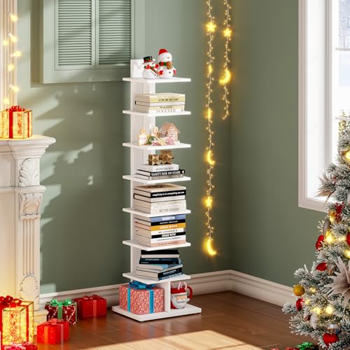 TUTOTAK Narrow Bookshelf, 8-Tier Bookcase, Spine Book Shelf for Small Space, Corner Standing Shelf for Living Room, Office, Study, Entryway, White BS06BW008