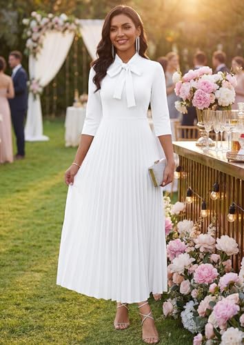 Image of FANDEE Maxi Dress for Women Formal 3 /4 Sleeve Pleated Empire Long Dress Semi Formal Tie Neck Office Work Dresses