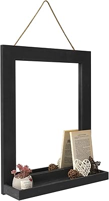 Emfogo Wall Mirror with Shelf, 20 x 16 inch Farmhouse Decor Wall Mirror Hanging for Bathroom, Vanity, Bedroom, Entryway, Living Room (Weathered Black)