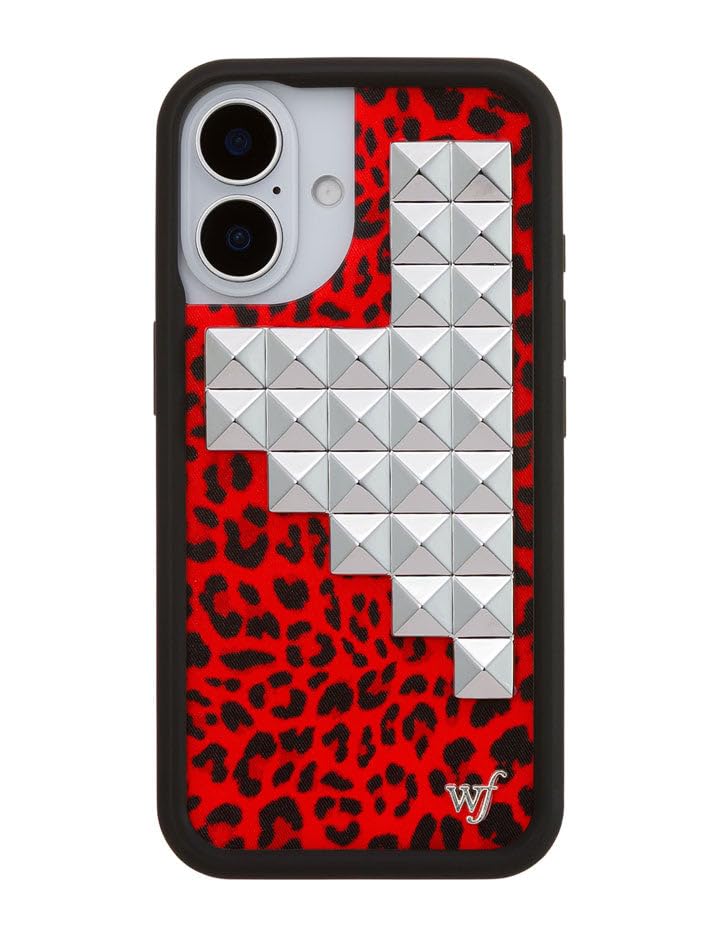 Image of Wildflower Cases - Compatible with iPhone 16 | Protective Black Bumper, 6.5ft Drop Test Certified, Women Owned Small Business | Red Leopard Original Silver | Stud Pyramid Collection - Red Meow