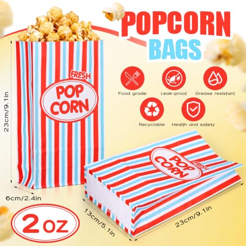 Image of Potchen 200 Pcs Paper Popcorn Bags Bulk 2 oz Large Individual Serving Popcorn Bag Flat Bottom Disposable Container Vintage for Movie Night Themed Summer Back to School Party Carnival (Red Blue)