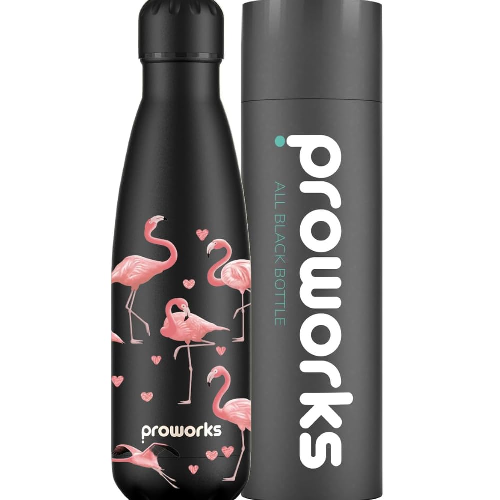 Flamingo Water Bottle 500ml – Proworks Stainless Steel Insulated Water Bottle | Leakproof Screw Lid | Double Wall Vacuum Flask Keeps Drinks Hot 12 Hours Cold 24 Hours | BPA Free | Black | Flamingo