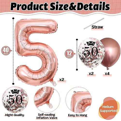 Image of Rose Gold 50th Birthday Balloons & Decorations - Metallic Foil Number 50 & Confetti Balloons, 40 Inch Latex