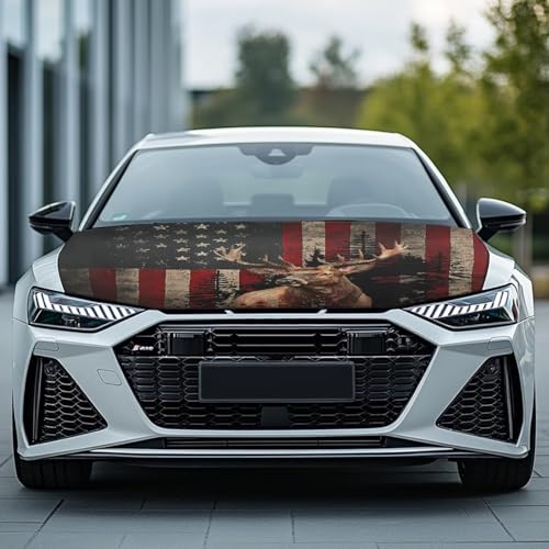 Image of Deer American Flag Hood Wraps for Cars Hood Wrap Protector Washable Car Hook Elastic Fabrics Can be Washed Hook Wraps