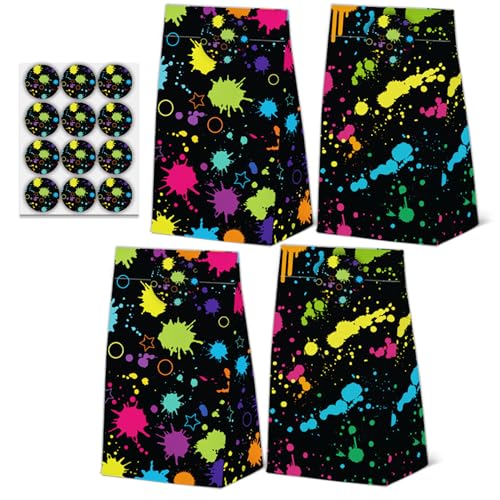 24 Pcs Neon Goodie Bags Glow in The Dark Theme Party Gift Bags with Stickers -Neon Themed Birthday Party Favor for Birthday Decoration Supplies