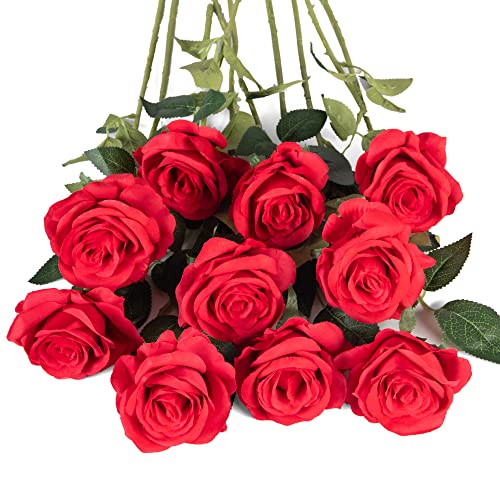 Flojery 10pcs Red Silk Roses Artificial Rose Flowers Long Stem for DIY Wedding Bouquet Table Centerpiece Home DÃ©cor
