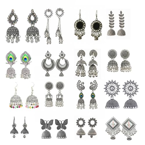 Image of Set of 16 Oxidised Silver Look Jhumka Earrings Box for Women | 16 Pairs Traditional Ethnic Jhumki Combo Gift Hamper with Velvet Box | Festive Wedding Jewellery | Gift For Women