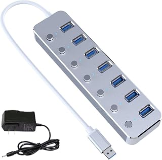 Knadgbft USB 3.0 Power Adapter 7 Ports Aluminum Alloy Splitter Hub USB Multi Extender Switch 1.2M Cable Hub Set USB Hub 3.0 US Plug A