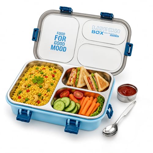 Image of Stainless Steel Lunch Box with 3 Compartments Leak Proof Airtight Lid BPA Free Food Storage Container Durable Portable Bento Tiffin for Kids Adults Office School Picnic (Blue)