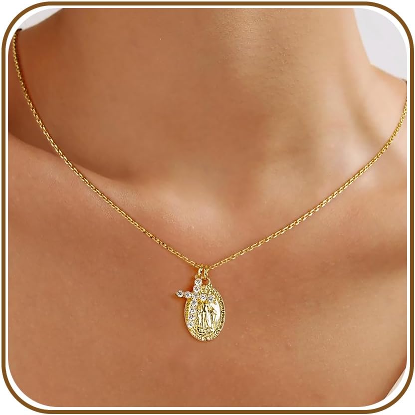 AllenCOCO Gold Cross Necklaces for Women, Crucifix Necklaces, Dainty Virgin Mary Necklace, Virgen de Guadalupe, Layered Pendants Chain Non Tarnish, 17.7 Inches, Gemstone, Zircon