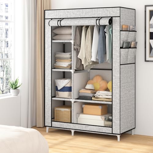 Calmootey Portable Closet Organizers, Clothing Storage, Wardrobe with 6 Shelves and Hanging Rod, Non-Woven Fabric Cover with 4 Side Pockets, Ash Grey - Image 6