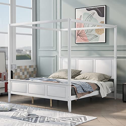 King Size Canopy Platform Bed Frame with Strong Legs and Wood Support Slats, No Box Spring Needed, White