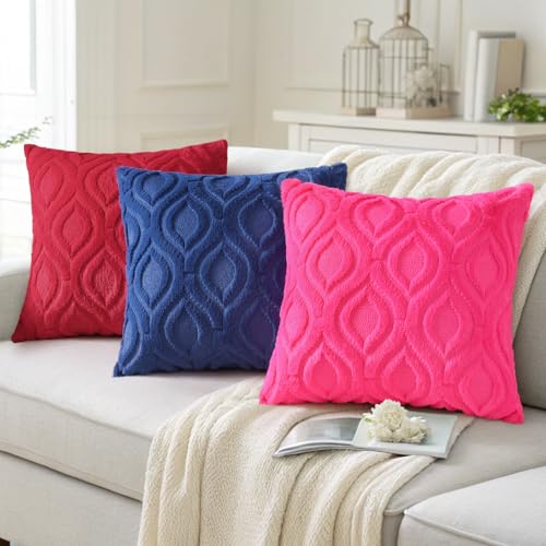 decorUhome Fall Throw Pillow Covers 16x16 Inch Set of 2, Soft Plush Decorative Faux Fur Dark Blue Solid Couch Pillow Covers, Accent Farmhouse Neutral Square Euro Pillow Cases for Sofa Bed Living Room