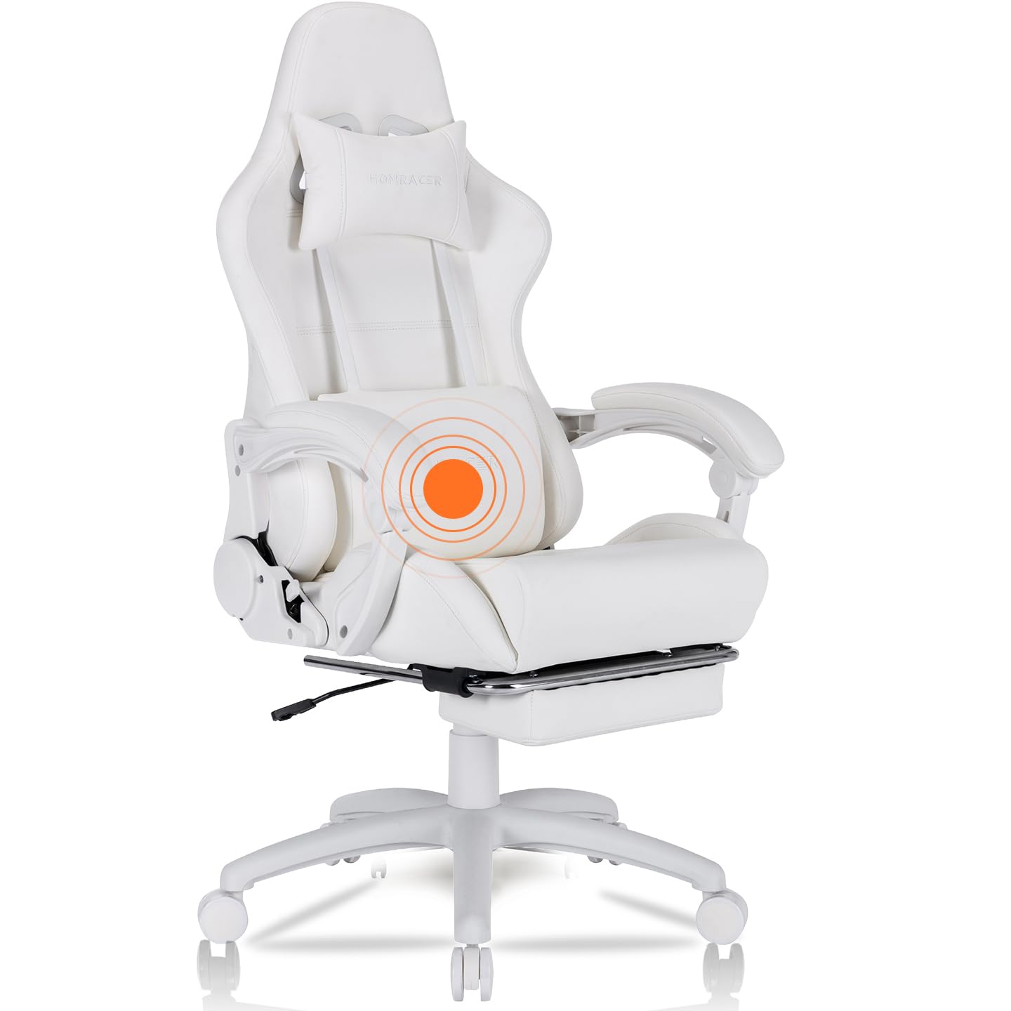 HOMRACER Silla de juegos, silla de computadora con masajeador, silla de juegos de altura ajustable con asiento giratorio de 360° y reposacabezas para oficina o juegos, color blanco