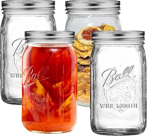 Premify 4pcs 32oz Glass Mason Jars with Airtight Lids Large Wide Mouth Canning Jars For Food Storage Pickling Fermenting and Preserving -Clear Glass Containers for Kitchen Organization