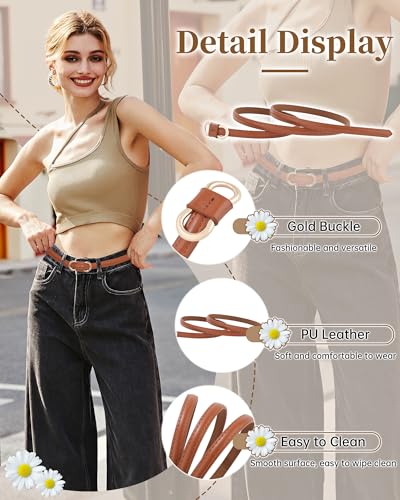 AWAYTR 4 Pack Women Skinny Belt - No Hole Fashion Thin Waist Belt for Dress Jeans Coats with Gold Buckle4