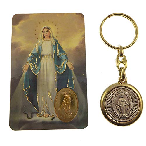 Vierge Marie Miraculeuse Laiton et Argent Porte-Clés avec Memorare Carte Prière