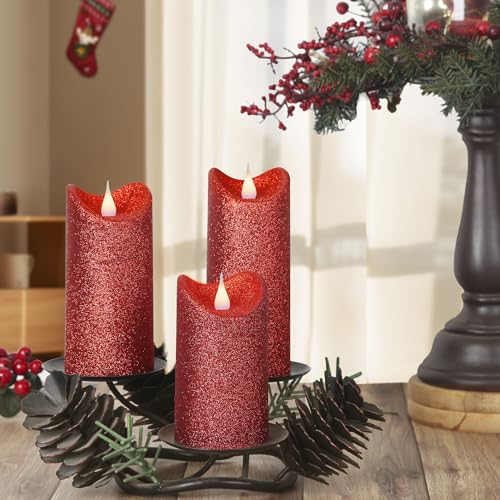 Image of Pack of 3 Red Glitter Candle 3D Moving Flame LED Candles,10-Key Remote, Battery Powered Flameless Candle with Timer, Home Decor Bedroom, Hallway, Wedding Events