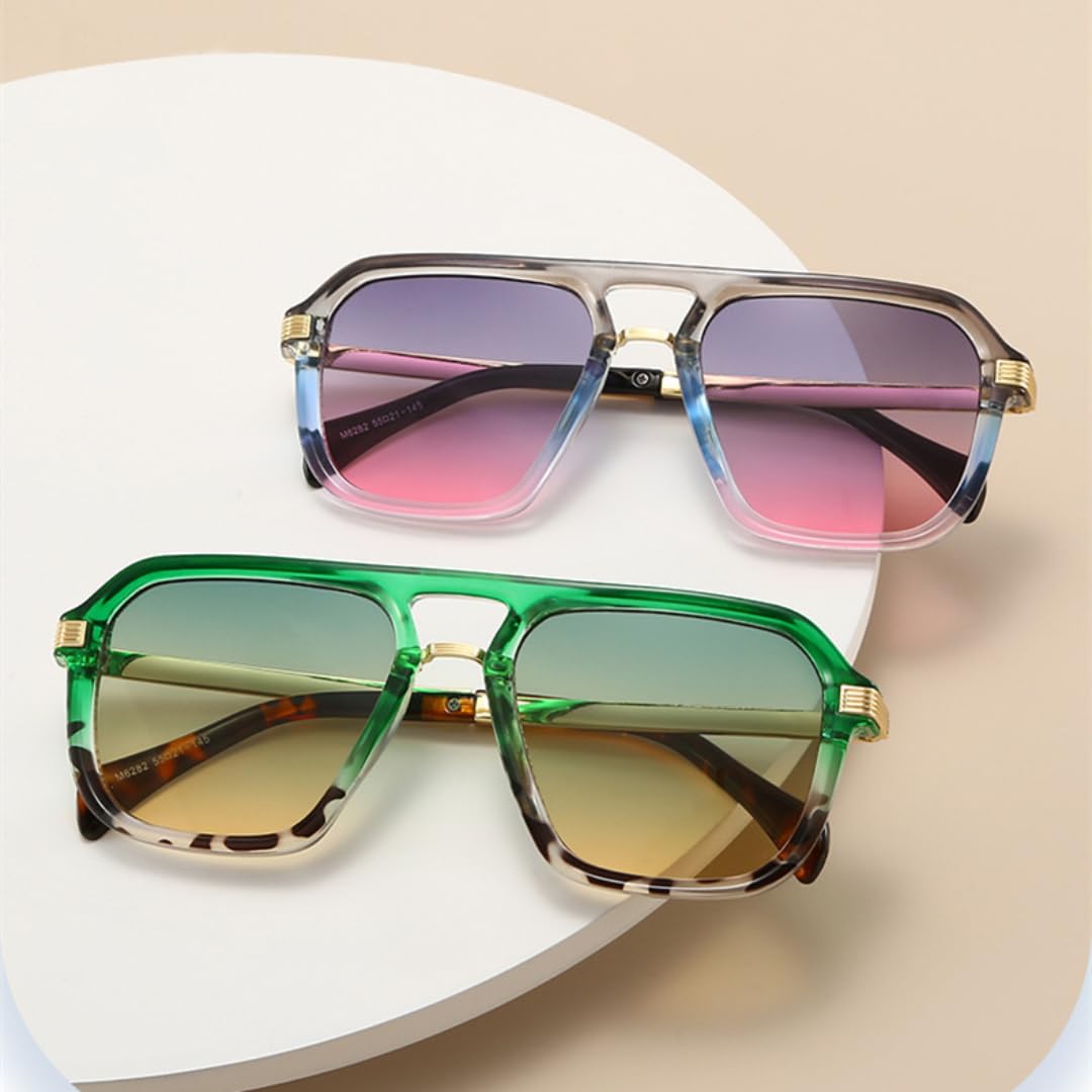 Gafas de sol vintage con doble puente y lentes degradadas UV400, ideales para exteriores y a la moda.