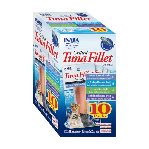 INABA Premium Grilled Tuna Fillet Cat Treats with Vitamin E and Green Tea Extract 0.52 Ounces Each Pack of 10 Variety Box