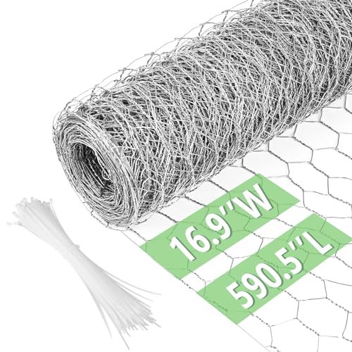 Image of Chicken Wire 16.9 in x 590.5 in Poultry Wire Netting Hexagonal Galvanized Mesh Garden Fence Barrier for Pet Rabbit Chicken Fencing with 100 Pcs Cable Zip Ties