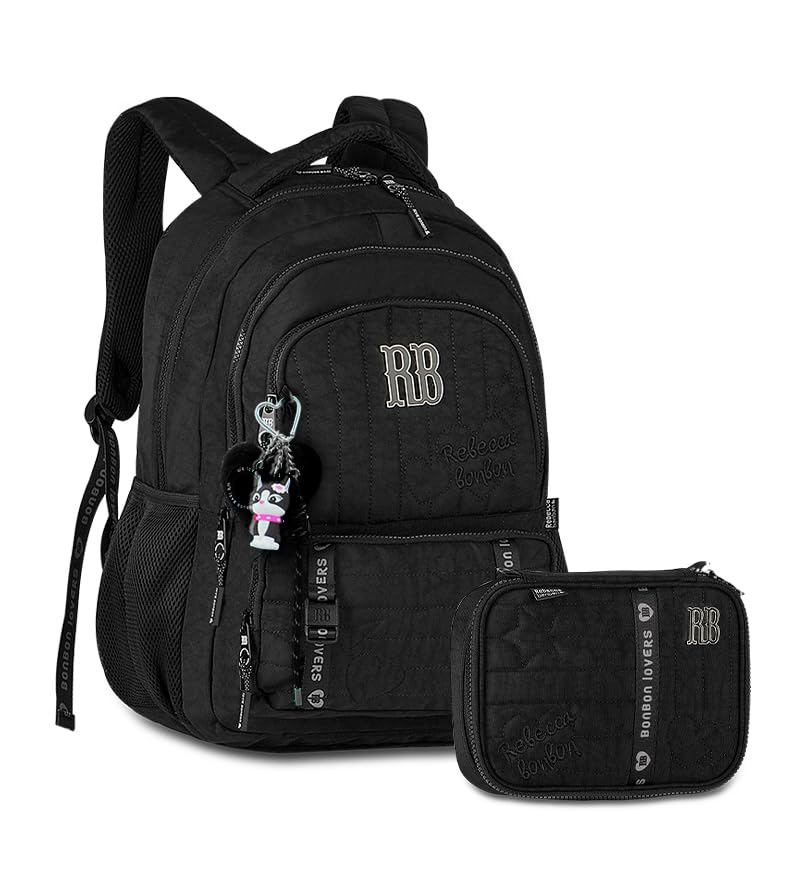 Kit Mochila Mochila Rebecca Bonbon Poliéster Chaveiro Pompom Bolso Amplo Estojo Box 36 Lápis Escolar (RB27006 Preta)