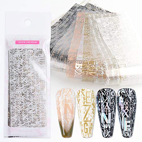 X-M 10 Rolls Word Graffiti Nail Foils Art Stickers,Laser Foil Transfer English Letter Graffiti Nail Design for Acrylic Nails Supplies,Holographic Nail Decoration for Women Girls Kids