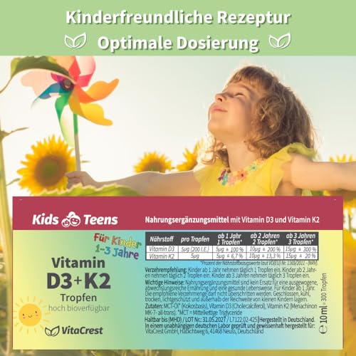 Vitamin D3 K2 Tropfen für Kleinkinder ab 1 Jahr – DEUTSCHES PRODUKT – Frei von Zusätzen & 100% Vegetarisch – Vitamin D für Kinder Vitamine