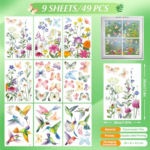BBLIKE 9 Blätter Frühling Fensterbilder - Kolibri Blume Selbstklebend Doppelseitig Bedruckt Fenstersticker, Wiederverwendbare Fensterbilder für Fensterdeko