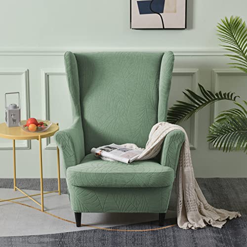 Fuloon Wingback Chair Slipcover 2 Piece Solid Wingback Chair Cover Stretch Spandex Armchair Covers For Living Room Wingback Chair, Leaf Jacquard Green #TOP2