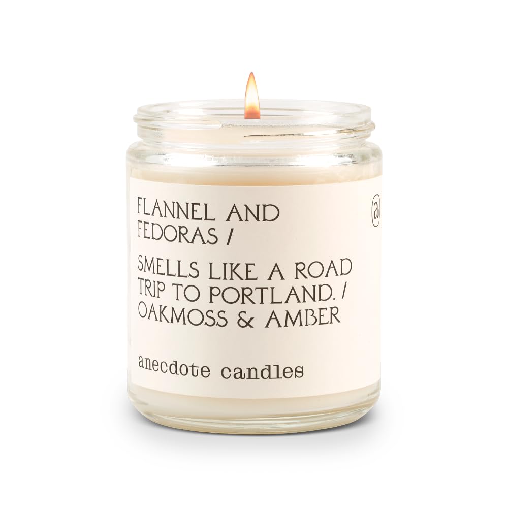 Anecdote 'Flannel & Fedora' Coconut Soy Wax Candle Jar | Premium Hand Poured & Long Burning | Oakmoss & Amber Scent | Phthalate-Free | for Home, Office, Gift - 7.8 Oz