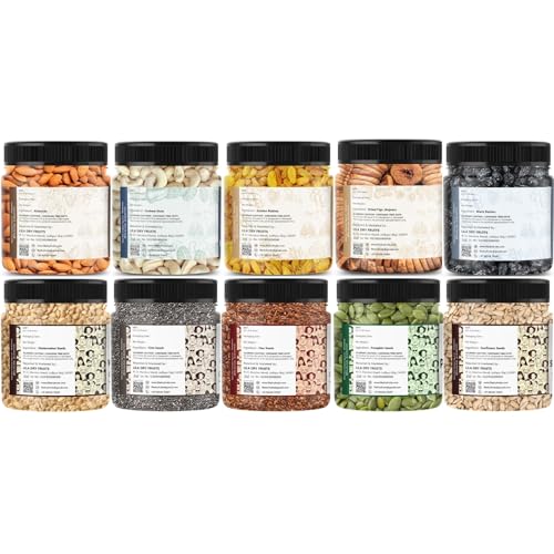 Image of LILA DRY FRUITS Daily Nutrition Power Combo 10 in 1 (100g x 10) Dry Fruits & Seeds Mix Almonds Cashew Raisins Anjeer Chia Flax Pumpkin Sunflower Watermelon Healthy Snack Combo Pack Perfect for Gifting