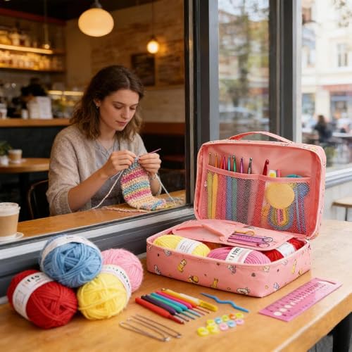 Image of KRENZ 59 Piece Crochet Kit for Beginners with 5 Yarn & Crochet Hooks, Stitch Markers & Storage Bag All in One Crochet Set for Kids & Adults