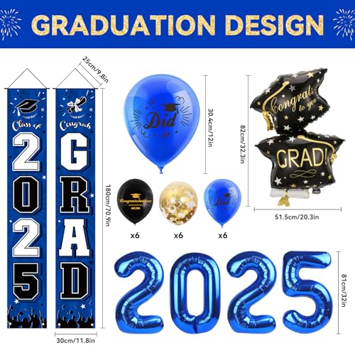 Image of Graduation Decorations 2025 Set Grad Party Supplies with Congrats Grad Banner, Class of 2025 Backdrop, Balloons & Streamers Kit, Foil Number 2025, Honeycomb, Porch Sign for Graduation Decor Blue