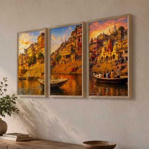 Image of Livin'luxe Set of 3 Banaras Ghat Wall Paintings for Living Room Bedroom Hallway Home Decor with Premium Wooden Color Synthetic Frame (13.5 x 19.5 Inch) NM03-62