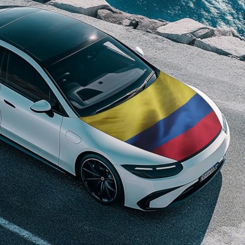 Image of Colombia Flag Print Car Hood Cover Elastic Polyester Car Hood Protector Auto Patriotic Decorations Waterproof Sunproof Automotive Exterior Accessories for Sports Events and Outdoor Use