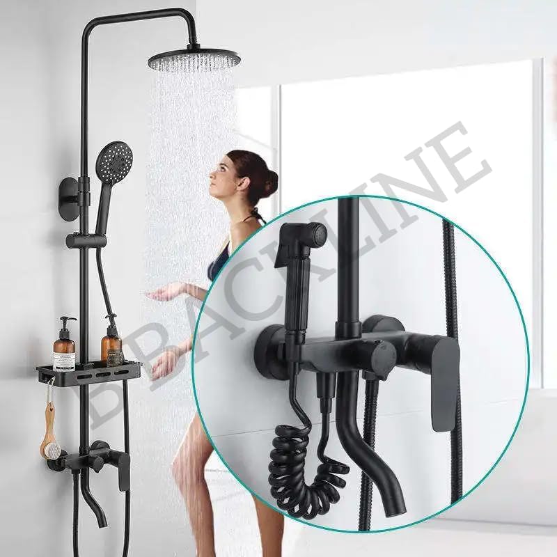 Image of Backline Shower Panels For Bathroom Full Set | Hot & Cold Shower System | Hand shower | overhead Rain Shower | Showers For Bathrooms (Black Matt)