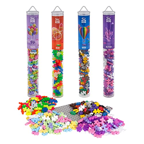 Plus-Plus 7265 Geniales Konstruktionsspielzeug, Farben-Mix, Bundle aus 4 verschiedenen Kreativ-Bausteine Tubes inkl. Bauplatte, 400 Teile, Mischfarben