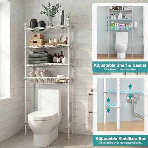 Image of Over The Toilet Storage Shelf - 4-Tier Adjustable Metal Bathroom Organizer Shelves, Freestanding Space Saver with Basket & Paper Holder, Bathroom Storage Rack Above Toilet for Laundry, White