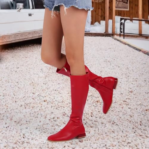 Image of GENSHUO Knee High Boots for Women Comfy Flat Heel Vintage Square Toe Fall Winter Solid Side Zipper Costume Knight Booties