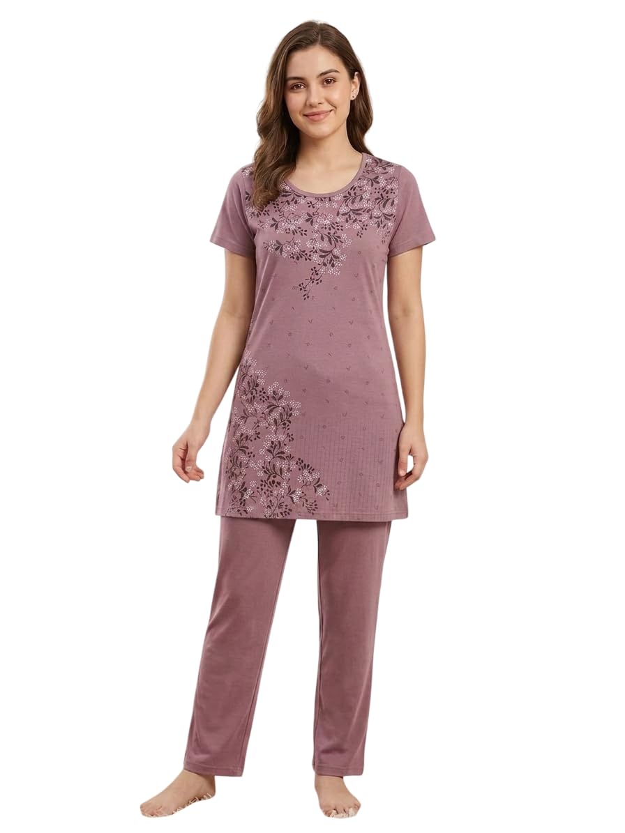 lady's zone Women’s Cotton Blend Nightsuit Set | Floral Printed Half Sleeve Top & Solid Pyjama Co-ord Sleepwear Set for Women & Girls-picture-36