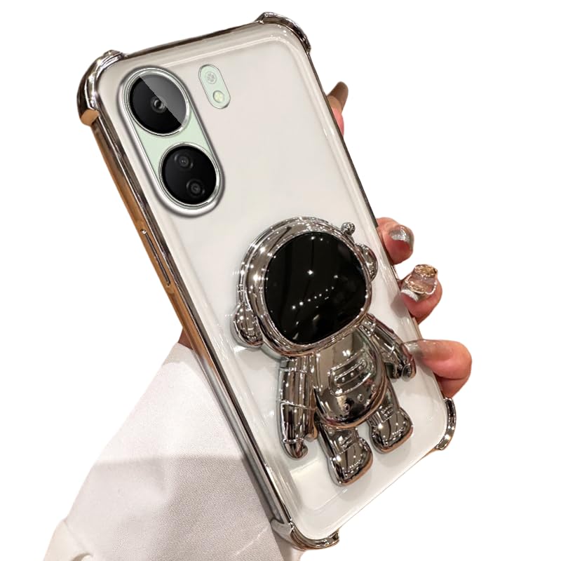 Compatible with Xiaomi Redmi 13C / Poco C65 Case, Luxury Plating Astronaut Stand Holder Phone Case for Women Girls Soft TPU Astronaut Design with