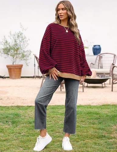 Image of UEU Women Oversized Striped Crewneck Sweatshirt Long Sleeve Color Block Pullover Tops Casual Loose Workout Shirt