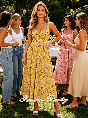 Image of YIOYOLA Womens Casual Summer Dress with Pockets | Sleeveless Square Neck Flowy A-Line Midi Sundress for Beach & Wedding Guest