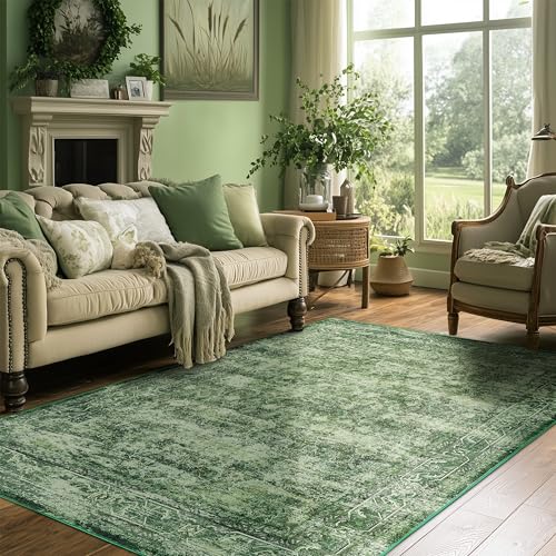 Washable Living Room Rug 5×7 Clearance Dark Non Slip Low Pile Retro Vintage Floor Accent Carpet for Bedroom Indoor Playroom Distressed Print Rugs Lightweight(Dark Green,5x7Ft)