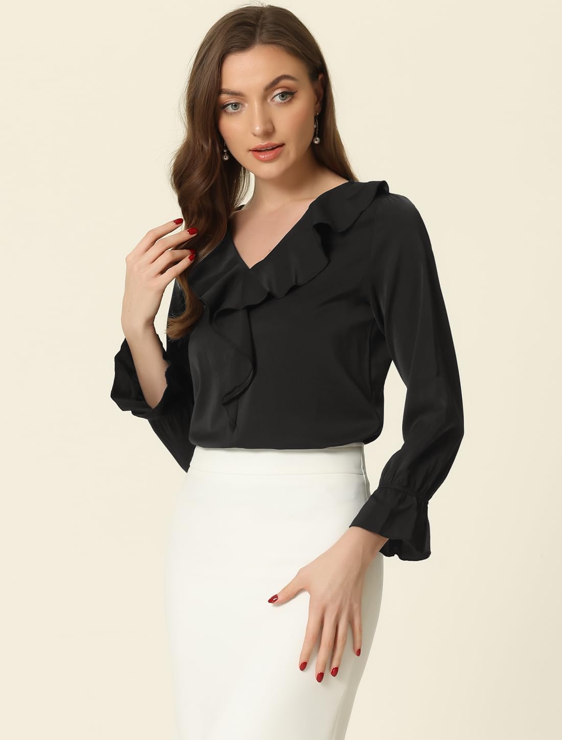 Allegra K Women's Ruffle Blouse for Business Work Elegant V Neck Long Sleeve Casual Dressy Top - Image 4